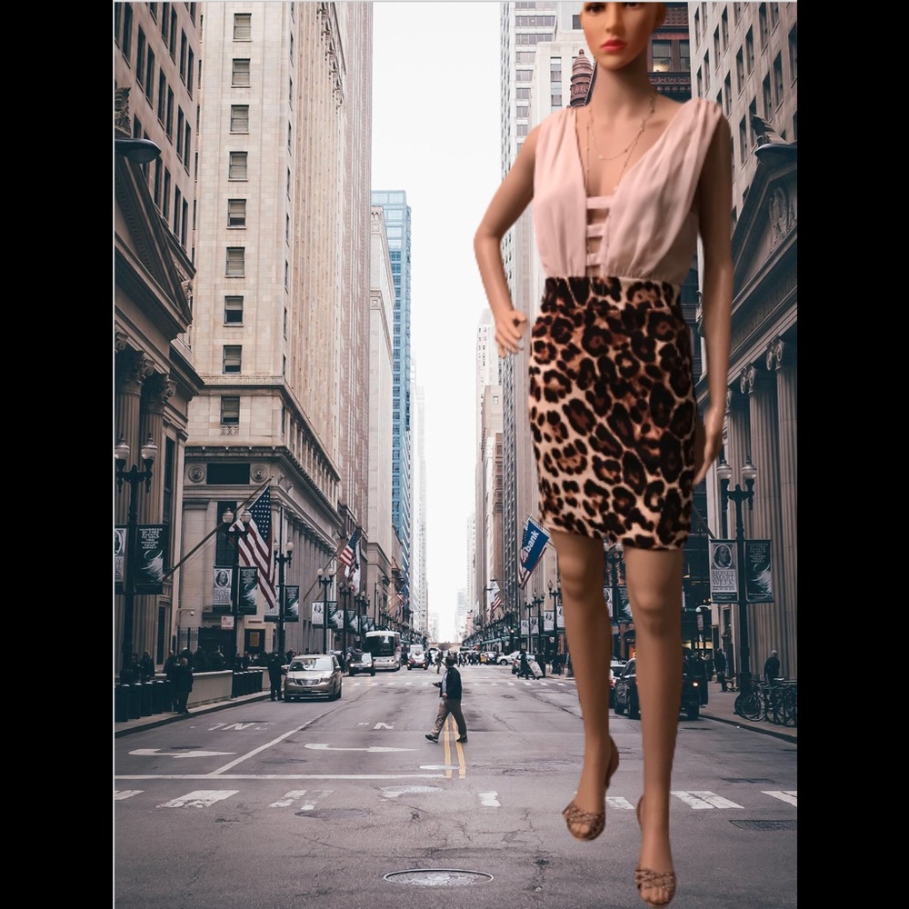 Monaco Leopard print cream & brown mini sleeveless dress size Lg - Picture 8 of 13